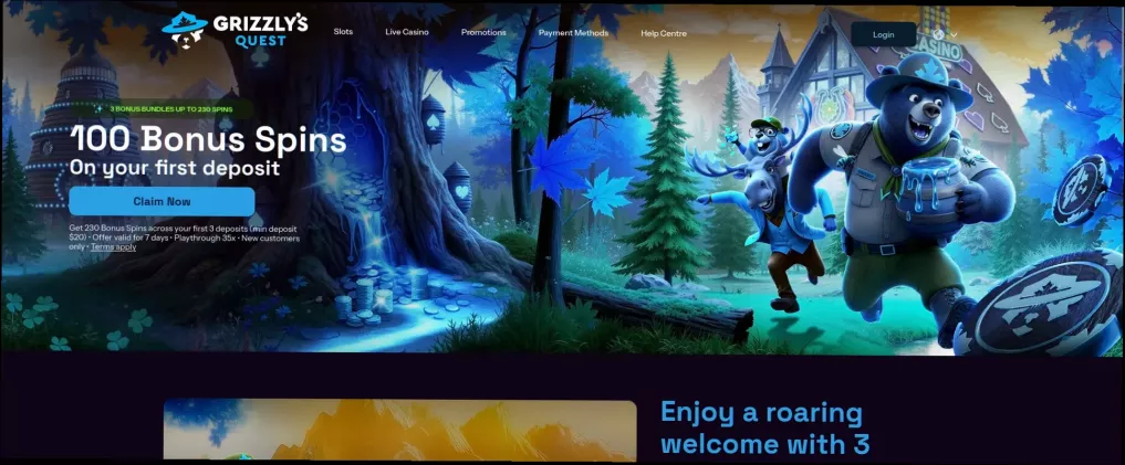 Grizzly casino 100 Free Spins bonus promotion